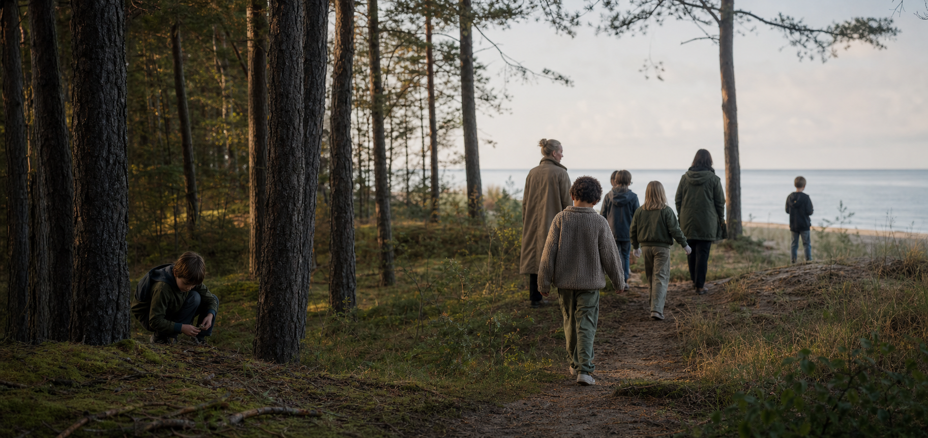 Children exploring a coastal pine woodland