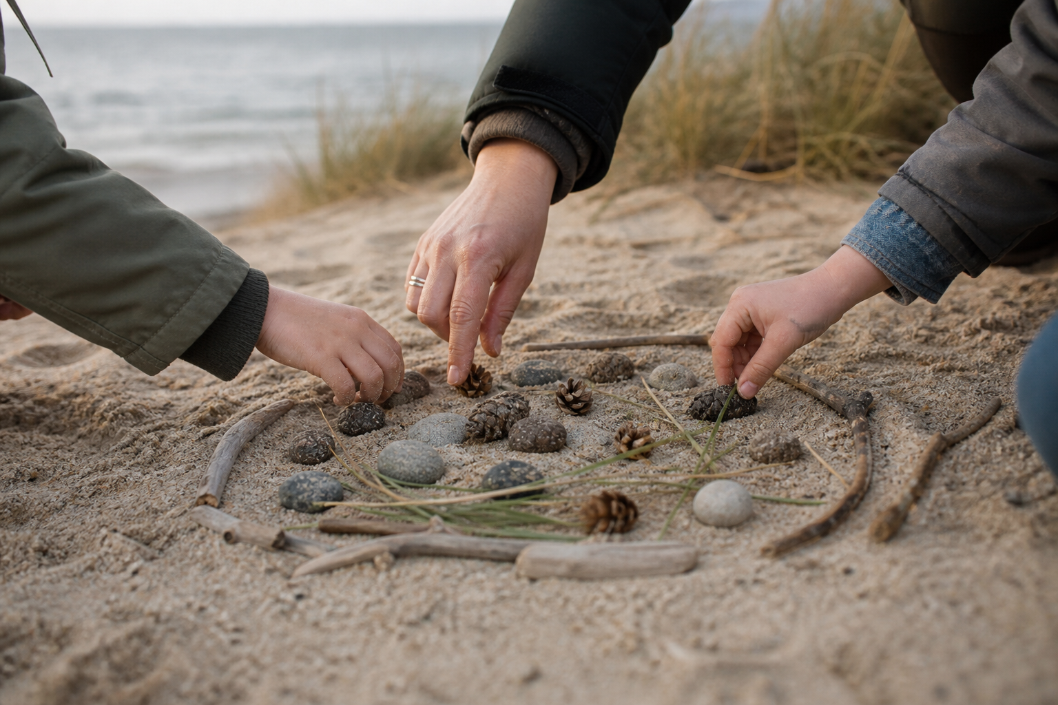 Children and a supportive adult arranging natural materials together on a beach